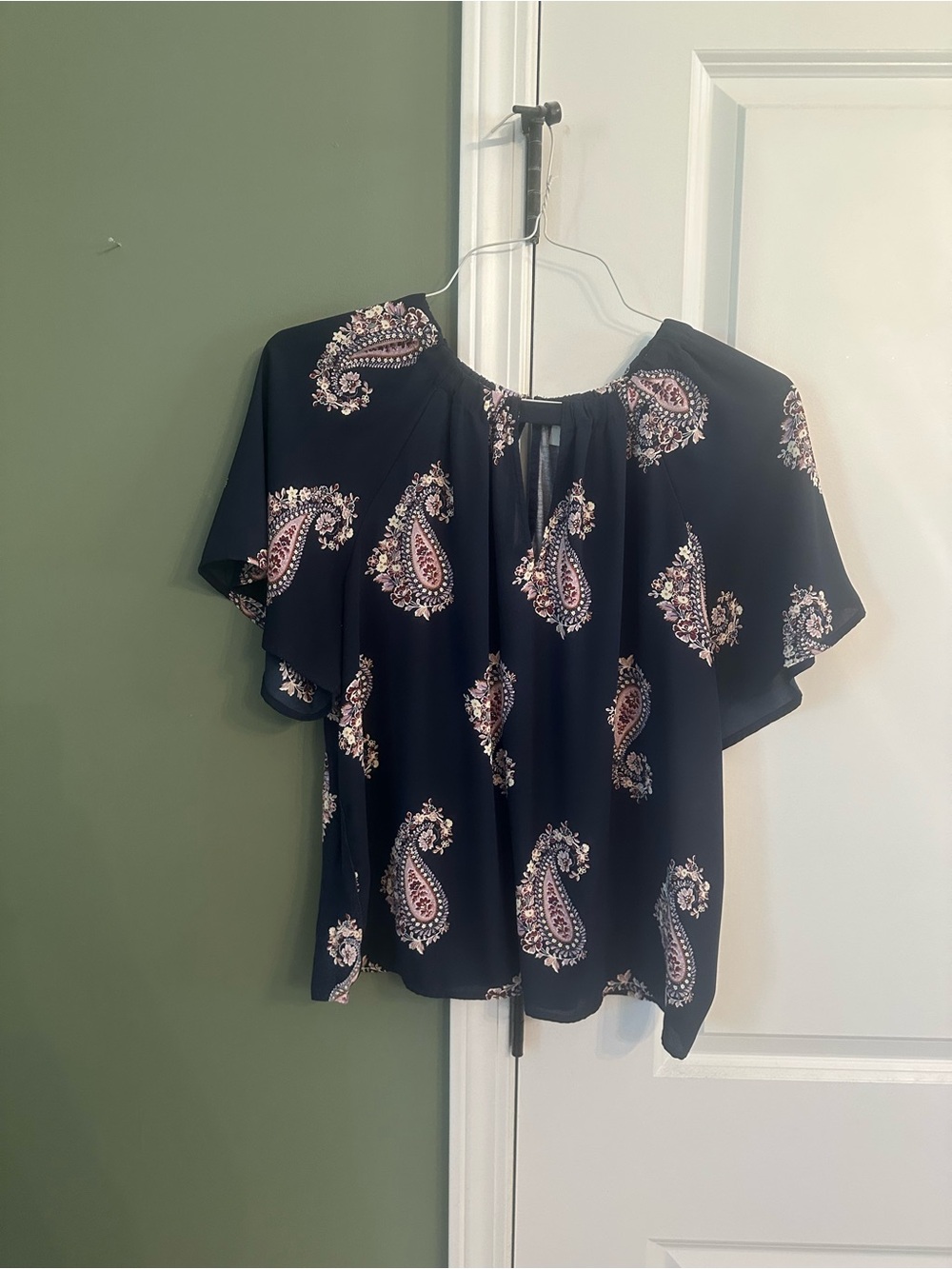 LOFT Navy Paisley Flutter-Sleeve Blouse with Pink Accents